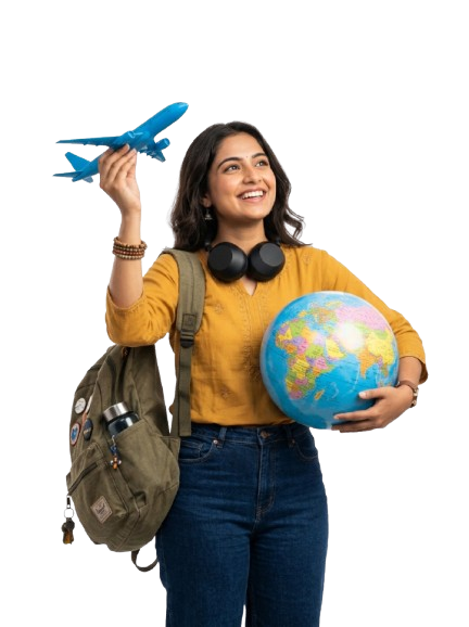 Indian study abroad student holding blue airplane and globe